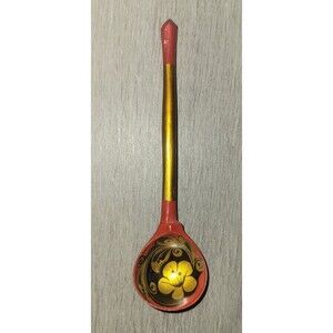 Vtg 1960s Khokhloma Russian Handmade Wooden Spoon 5.75" Folk Art Gold Red Black